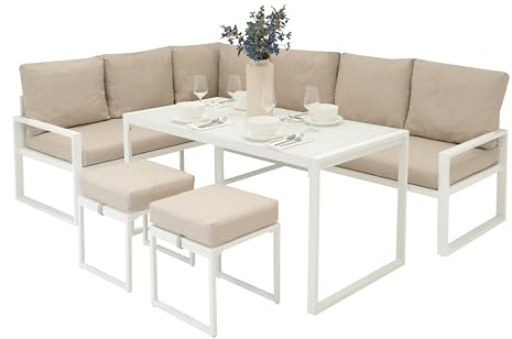 Hörnsoffset i Aluminium 7-sits | Vit | Soffa + 2 Pallar + Bord med Härdad Glasskiva + Vattentät Överdrag | Tvättbara Dynor, Modern och Hållbar Design för Trädgård, Terrass, Uterum