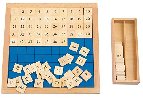 Adena Montessori Zahlenbrett 1–100 aus Holz – Mathe Lernspielzeug für Kinder ab 3 Jahren – Rechenbrett mit 100 Zahlenplättchen & Aufbewahrungsbox – Montessori Mathematik Material