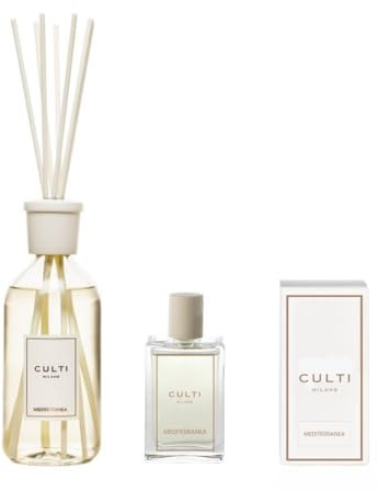 Culti Raumduft Set Milano White Label Duftstäbchen aus Markenstäbchen + Spray 100 ml - konstante und sofortige Diffusion - elegantes Design für Zuhause und Büro (Mediterraner Diffusor + Spray, 500)