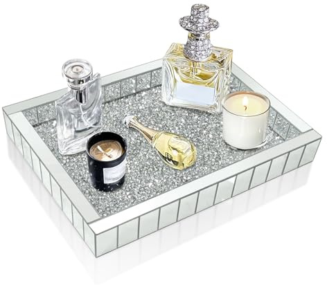 Artloge Bandeja de Cristal con Espejo, 37.5x27.5x5cm Bandeja de Maquillaje con Diamantes Triturados Rectangular Organizador de Maquillaje y Joyas para Perfumes, Cosméticos, Tazas, Velas