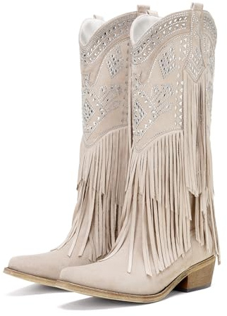 UTIKLIOU Cowboy Boots for Women Knee High Cowgirl Western Fringe Wide Calf Boots Rhinestone Embroidered Pointed Toe, Beige, 5 UK