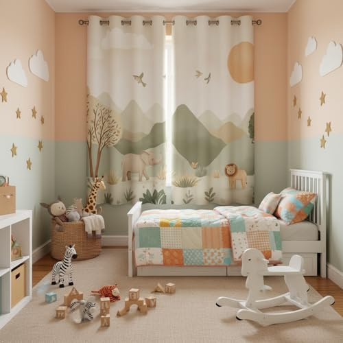 Vorhang Safari Kinderzimmer Blickdicht, Vorhänge Cartoon Löwe Elefant, Fenster Gardinen Schlafzimmer Wohnzimmer, Verdunklungsvorhänge mit ösen, Thermovorhang, 2er Set Curtains, H 220 x B 140 cm vSu197