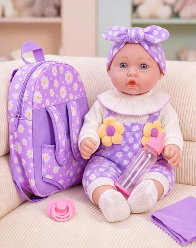 12 Flower Pattern Baby Doll With Backpack Carrier Clothes and Accessories | 12 Inch Baby Dolls Set In Gifts Box With Hanky Pacifier Bottle Pretend Baby Care Interactive Toy For Girl Child Toddler 3+