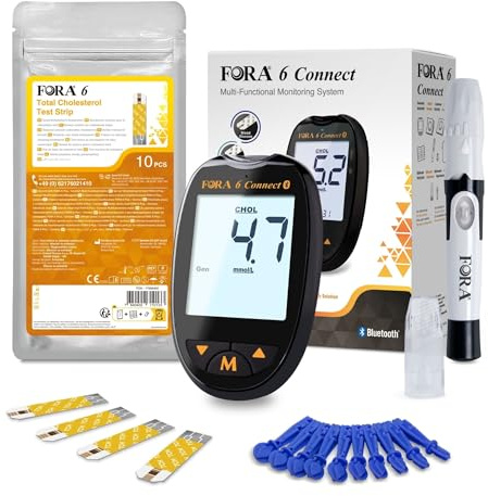 FORA 6 Connect mmol/L Cholesterinmessgerät mit 10 Teststreifen + 10 Lanzetten | Bluetooth & App-Synchronisation | Für Gesamtcholesterin-Messung zu Hause