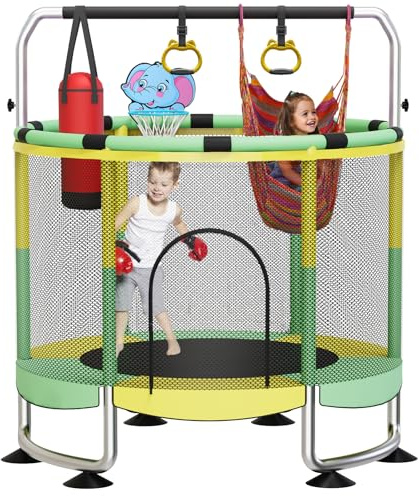 Trampolin Kinder, 150cm Kinder Trampolin Outdoor/Indoor, 200kg verstellbares,mit Basketballkorb und Gehäuse,Geschenke für Jungen und Mädchen Grün