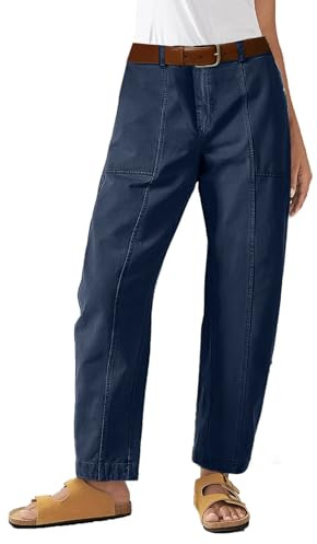 Flamingals Women’s Mid Waist Carrot Straight Leg Pants Casual Fashion Trendy Stitch Detail Crop Pants Blue 2XL