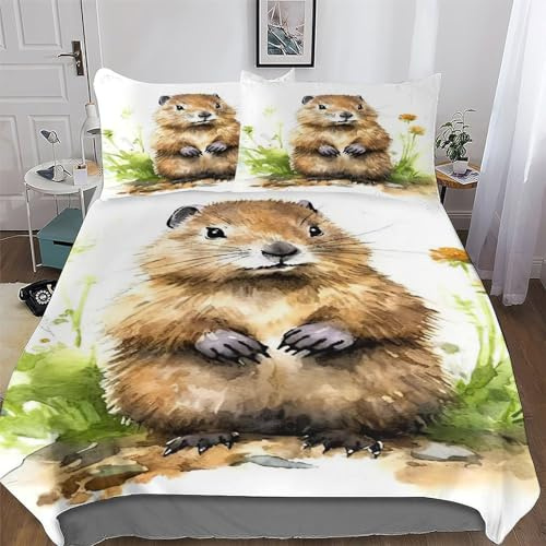 AASWSWW Beaver 3D Duvet Cover Microfiber Bedding Set Quilt Covers with Pillowcases Soft Comforter Cover For Boys Girls Single(135x200cm)