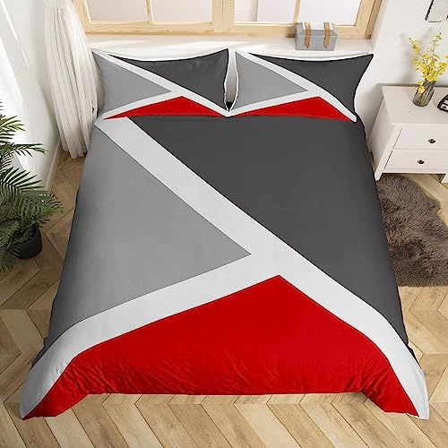 Copripiumino Singolo 155x220 Triangolo Rosso e Grigio Set di Biancheria da Letto per Bambini Geometria Astratta 3D Copri Piumino in Morbido Microfibra Copripiumini con Cerniere e 2 Federe F-1083