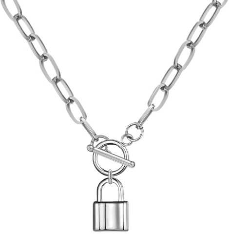 925 Sterling Silver Coin Toggle Necklace For Women, Paperclip Chain Padlock Pendant - Lock And Key, Heart,