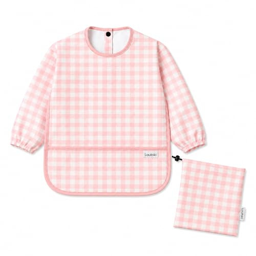 Lautoki Baberos Bebé Impermeables con Mangas + Bolsita de Transporte - Babero BLW para Bebé 12–36 Meses - Doble Capa 100% Impermeable - Puños Elásticos y Bolsillo Canguro - Fácil de Limpiar