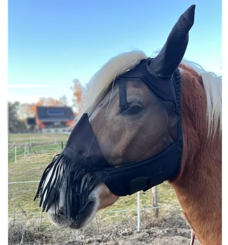 Brama-West Fliegenmaske Pferd NoseGuard mit Ohrenschutz und Nasenfransen (XFull)