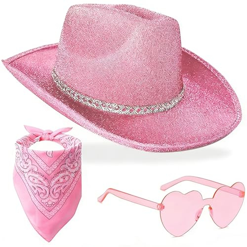 OZXVXZO Cowboyhut für Damen, Western Cowgirlhut mit Bandana-Schal und Herzförmiger Sonnenbrille, Damen Cowboyhüte mit Glitzer, Westernhut, Kostüm Zubehör für Halloween, Cosplay,Party