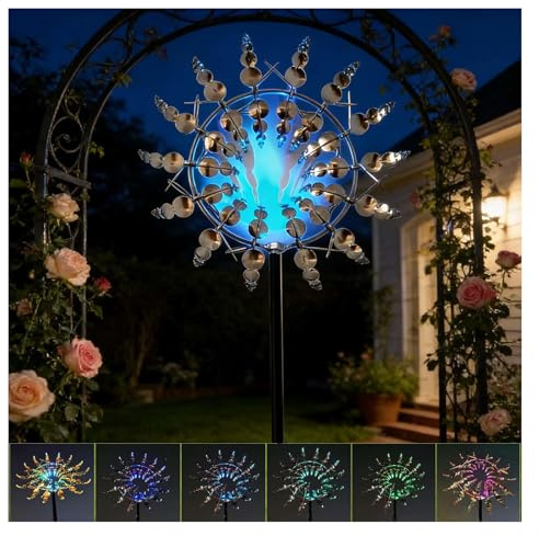 Solar Magical Metal Windmill, Solar Spinners for Yard and Garden Stainless Steel, 13.4 x 71in Yard Wind Spinner,Silver