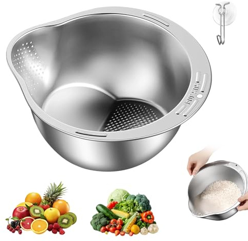 Bol de lavage à riz, passoire à pâtes 304 en acier inoxydable de qualité alimentaire, passoire à riz, passoire à riz, bol de lavage avec crochet pour laver et égoutter les haricots, les fruits, les
