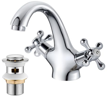 Basin Mixer Tap Monobloc Washbasin Tap with pop up Waste, Victorian Basin Sink Taps Chrome, Dual Lever Basin Mixer Faucet with UK Standard Hoses
