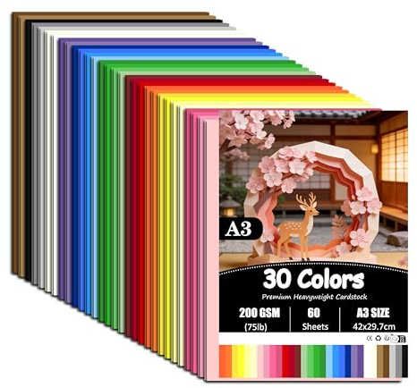 60 Blatt Tonpapier A3 Bunt, 30 Farben - 200 g/m² Tonkarton, Bastelkarton für Malen Kartenherstellung Einladungen Scrapbook Basteln, 42 x 29.7cm