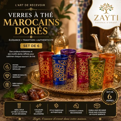 Zayti Verres à Thé Marocains Dorés – Set de 6 | Verres Traditionnels Orientaux pour Thé à la Menthe | Élégants et Décoratifs Model : n°2