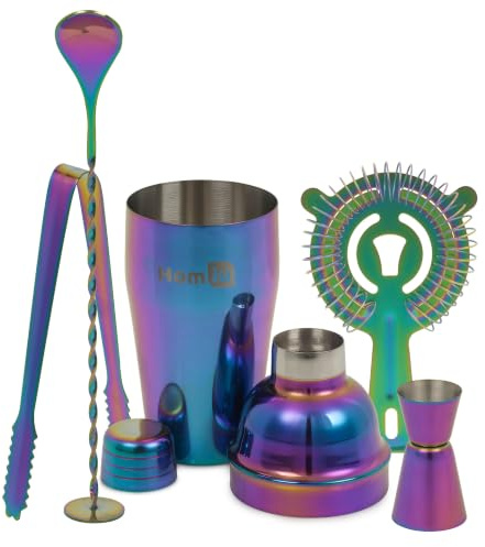 Homiu, Qualitatives Edelstahl Cocktail – Shaker Set (550ml) mit Rainbow Design, schillernder Edelstahl, 5- teilig: Sieb, 2 Messbecher (15/30ml)