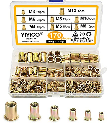 YIYICO Nietmuttern Blindnietmuttern Einnietmuttern M3 M4 M5 M6 M8 M10 M12 Nietmutter set 170stk Kohlstahl Gewindenieten Flachkopf Gewinde Einziehmuttern