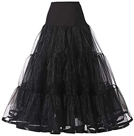 Womens Long Tulle Skirt Pleated A-Line Tutu Elastic High Waist Solid Color Petticoat Mesh Flowy Maxi Skirt for Wedding Party, Black, Small/Medium