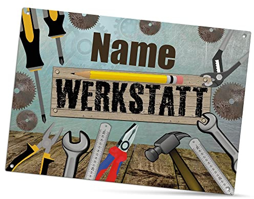 Werkstattschild selbst gestalten - Werkstatt - Metallschild personalisiert mit Name, Geschenk für Männer, Outdoorschild aus Aluminium | Wetterfest, 21x15 cm