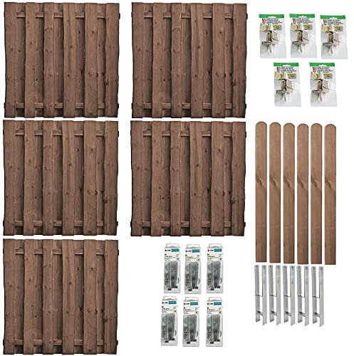 Bohlenzaun Kolding Komplettset Holz braun – 5 Sichtschutzelemente 180x180 cm + 6 Pfosten 9x9x190 cm inkl. H-Pfostenträger & Montagematerial, ca. 9,5 m