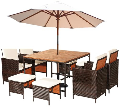 GYMAX Table de Jardin Extérieur avec 4 Chaises et 4 Tabourets, Salons Jardin Exterieur Rotin 9 Pièces pour 8 Personnes, Table à Manger en Bois d'Acacia avec Trous pour Parasol, Coussin Confortable