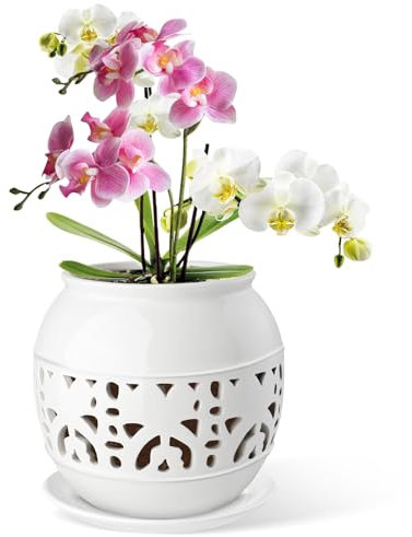 EFISPSS Maceta para orquídeas con agujeros, maceta de cerámica para orquídeas de 6 pulgadas con drenaje y bandeja, promueve la circulación y el drenaje del aire, macetas para interiores y exteriores,