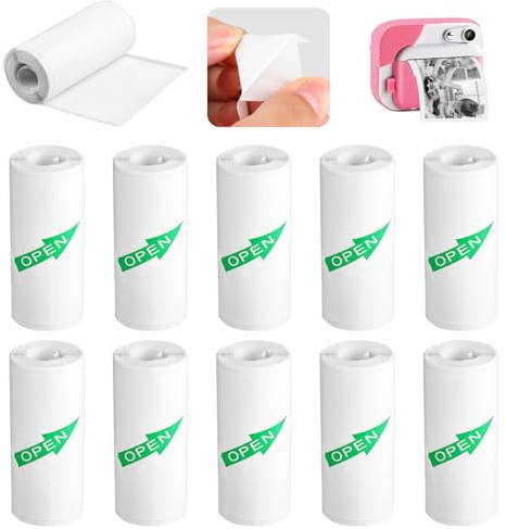 Pack de 10 Rollos de Papel Adesivo para Mini Impresora, Papel Termico para Cámara, Rollo para Impresora Térmica, Fácil de Reemplazar, Compatible con la mayoría de las cámaras de impresión.