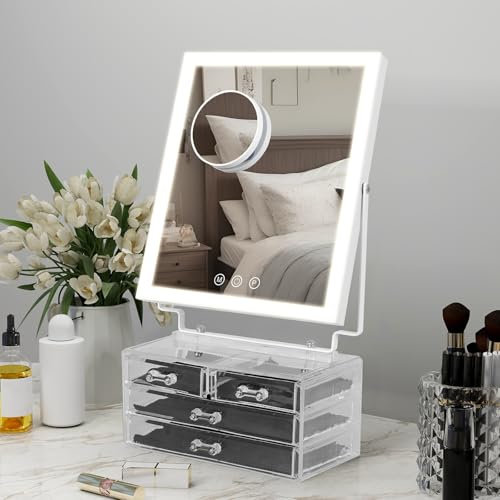 eklipt Schminkspiegel mit Beleuchtung und Aufbewahrungsbox, Hollywood Spiegel mit LED Licht, 3 Modi Licht Einstellbare Helligkeit, Touch Control, Schlafzimmer, 360°Drehung, 10X Vergrößerung Weiß