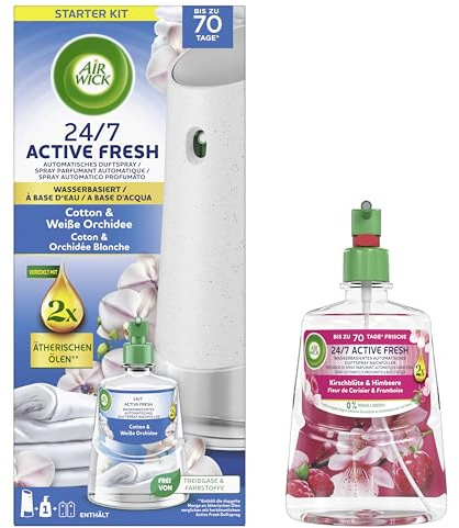 Air Wick Active Fresh Wasserbasiertes Automatisches Duftspray Starter Set inklusive Nachfüller 1x228ml Cotton & Weiße Orchidee & 1x 228ml Kirschblüte & Himbeere