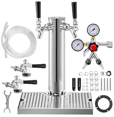 NJDQFA Kegerator Tower Kit, Stainless Steel Beertaps Conversion Kit, with Dual Gauge Regulator and Coupler, for Bar, Home Party,[B] Double tap beer tower set