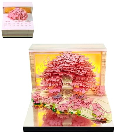 2026 Nouveau Calendrier de Bureau 3D, Calendrier de Bureau avec Note et Lumière LED, Art de Découpe de Papier DIY, Bloc-Notes d'Art de Découpe de Papier pour Cadeau, Jour de Noël, Décoration de Bureau