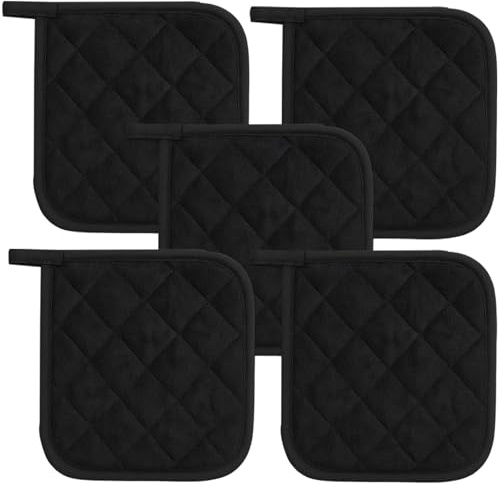 Pot Holders Heat Resistant, 5 Pack Black Oven Cloths, 17CM x 17CM Kitchen Gloves for Hot Food, Durable Potholders & Oven Gloves, Protection Of Hands From Hot Utensils ﻿