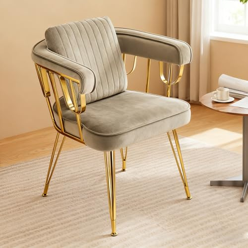 Hellove Chaise Coiffeuse Velours avec Gold Métal Pied, Fauteuil Salon avec Accoudoirs en Métal Plaqué Or, Moderne Vanity Chair pour Salle à Manger Salon Chambre, Brun