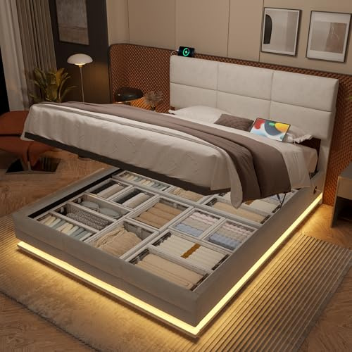 MARSBIRD Polsterbett 160x200cm mit Stauraum, Doppeltbett Bettrahmen mit LED und Zweiseitige USB/Type-C-Ladefunktion, Bettgestell mit verstellbarem Kopfteil, mit Lattenrost Ohne Matratze, Beige