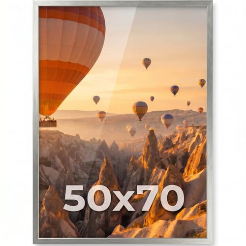 PHOTOLINI Bilderrahmen 50x70 Holz MDF Silber, 50x70 cm Bilderrahmen groß, Rahmen 70x50 Puzzle, bruchsicheres Acrylglas, picture frame zum Aufhängen, Fotorahmen für Puzzle, Fotos & Poster