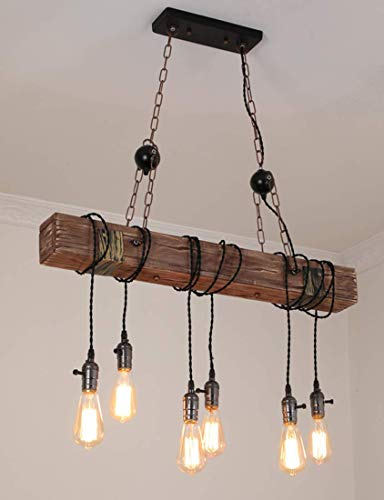 GHY Holz Retro Pendelleuchte Vintage Industrial Metall Hängelampe 6*E27 Höhenverstellbar Pendellampe Hängeleuchte Kronleuchter Schwarz Für Küche Café Esszimmer Wohnzimmer Loft Rustikale Deckenleuchte