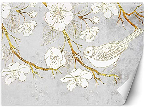 Feeby Papier Peint Intisse Oiseau Sur Une Branche Fleurs 100x70 cm or Déco Murale Trompe L' Oeil Tapisserie Moderne Salon Chambrea' Coucherr Salle De Bain Cuisine Abstrait Derrière Le Canapé