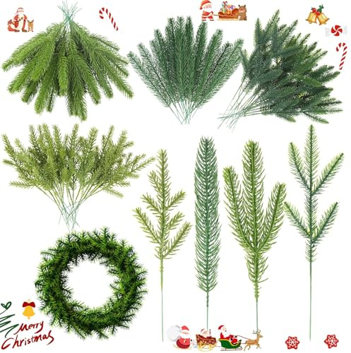 Syhood Künstliche Kiefernzweige 4 Stile Weihnachten Kiefernnadeln Künstliche Blätter Nadel Kunststoff Kiefern Zweige Girlande Gefälschtes Grün Pick für DIY Girlande Weihnachten (Grün, 40 Stück)