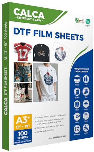CALCA DTF-Transferfolie, DTF-Folie, PreTreat-Blätter, PET-Wärmetransferpapier für DYI Direktdruck auf T-Shirts, Textil, doppelseitig, Hot Peeling, 33 x 48,3 cm, 100 Blatt/Packung