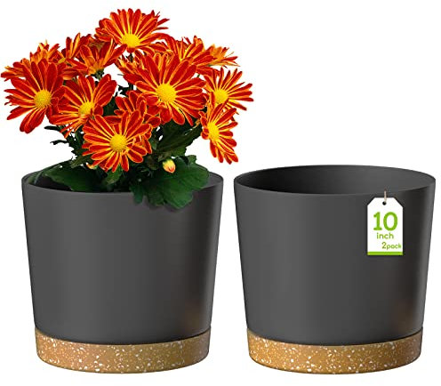 ZMTECH 25cm Plant Pots, Modern Planters with Drainage Holes and Detachable Saucer, Plastic Flower Pots for Plants for House Garden Windowsill (Set of 2, Dark Grey)