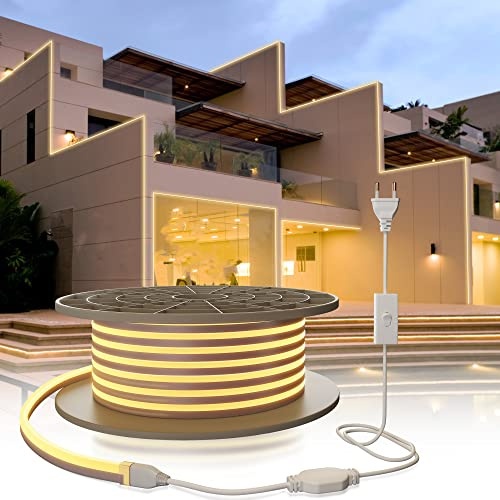 YOODI Neon LED Strip 20M, 230V LED Strip Outdoor Warmes Licht LED Flexible Lichtleisten 120LED/M, PVC Schneidbare Wasserdichte IP65 Neonlichter für Indoor Outdoor, Inklusive Netzteil