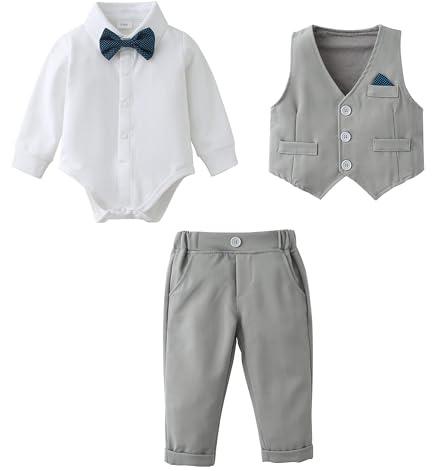 Baby Boys Conjunto de Ropa Traje Formal, Bebé Niño Caballero Mangas Largas Camisas + Pantalones + Corbata de Moño Niño Caballeros Bautismo Boda Conjuntos de Ropa Grado 6-9 meses