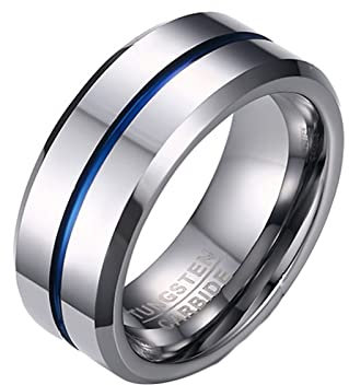 Lieson Wolfram Ring Herren Silber Blau, Hochzeitsringe Herren Poliert 8MM Rund Mit Linie Ring Gravur Personalisiert Größe 62 (19.7)