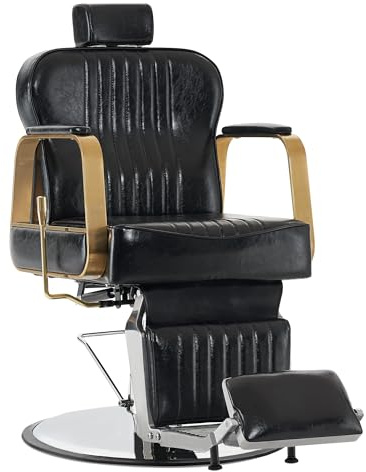 Barberpub Sedia da parrucchiere inclinabile, da parrucchiere con poggiatesta, girevole a 360° e regolabile in altezza, stile retrò con pompa idraulica, in ecopelle, 9238 (nero)