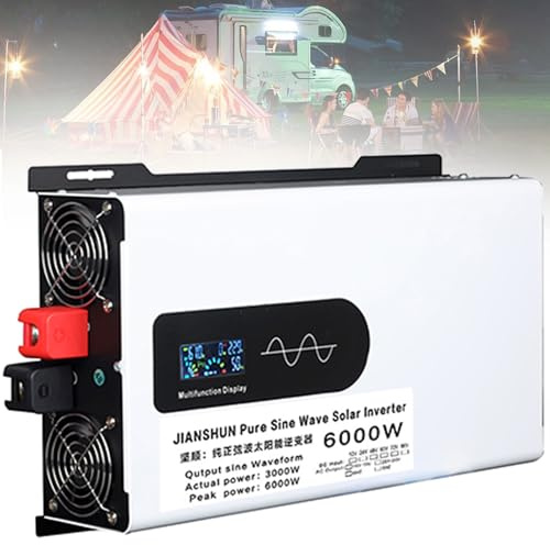 5000W 6000W 8000W 9000W 12000W Convertisseur Pur Sinus DC 12V 24V 48V 60V 72V 96V à AC 220V/230V -2 Prises AC Onduleur Solaire à Onde Sinusoïdale Pure Transformateur,6000W-12V