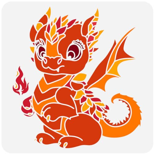 FINGERINSPIRE Niedliche Kleine Feuerdrachen Malschablone 30x30 cm Wiederverwendbare Niedliche Drachen Zeichnungsvorlage DIY Baby Drachen Schablone Zum Malen Auf Holz Wand Stoff Papier Möbeln