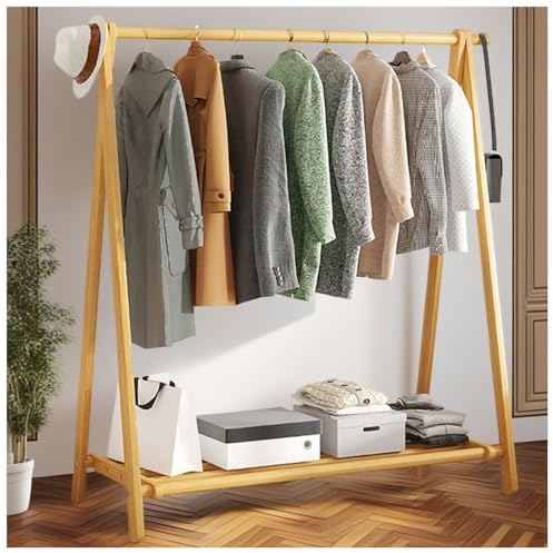 BEARQUN Kleiderständer aus holz, Garderobenständer holz mit Schuhablage und Kleiderstangen, 2 haken, Faltbarer kleiderschrank, 150 cm hoch, vintagebraun/Holzfarbe