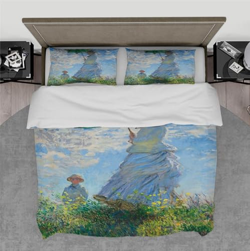 DINGSION Claude Monet Style Bettwäsche-Set 3-teilig Eine Frau mit Sonnenschirm Atmungsaktives Schlafzimmer-Bettwäsche-Set mit 2 Kissen Shams Reißverschluss 4 Bänder 210 x 210 cm
